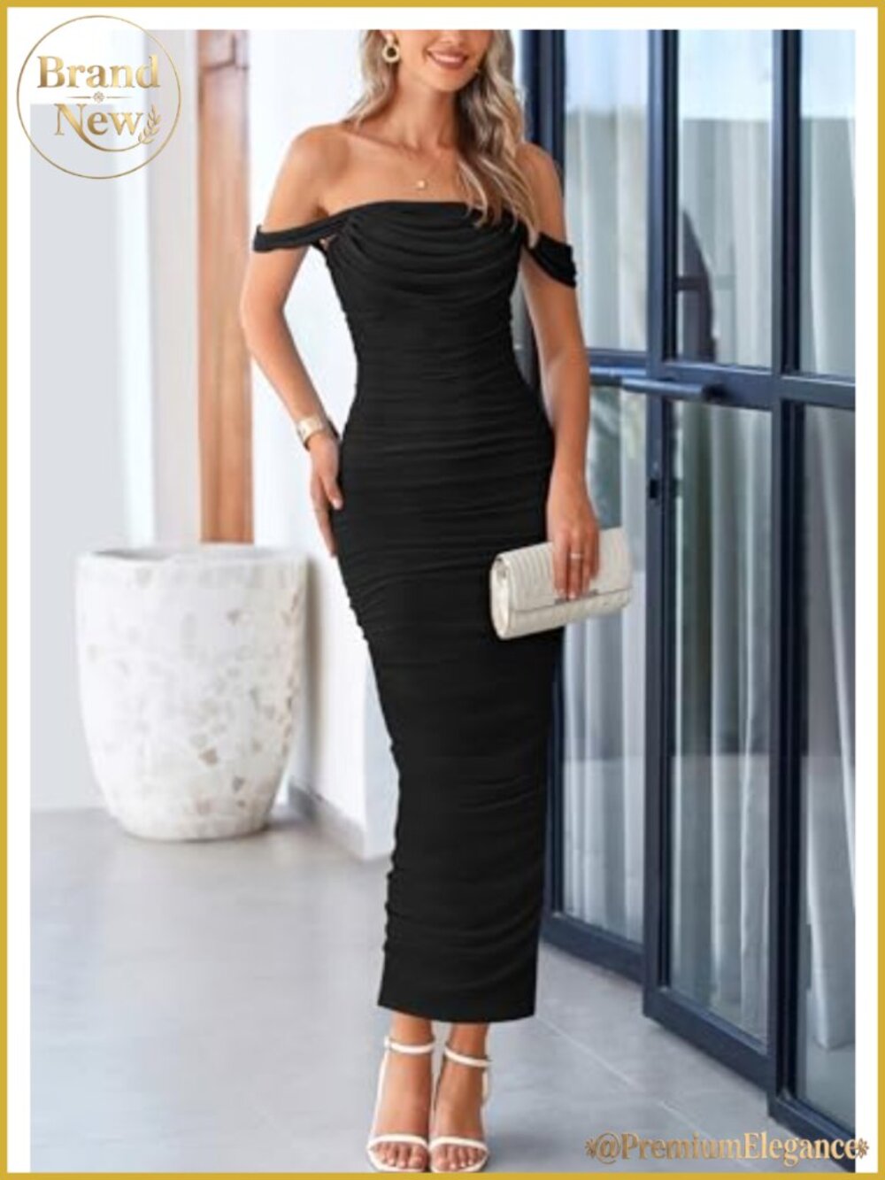 Women's Off Shoulder Maxi Dress Strapless Bodycon Mesh Ruched Backless - Picture 3 of 6